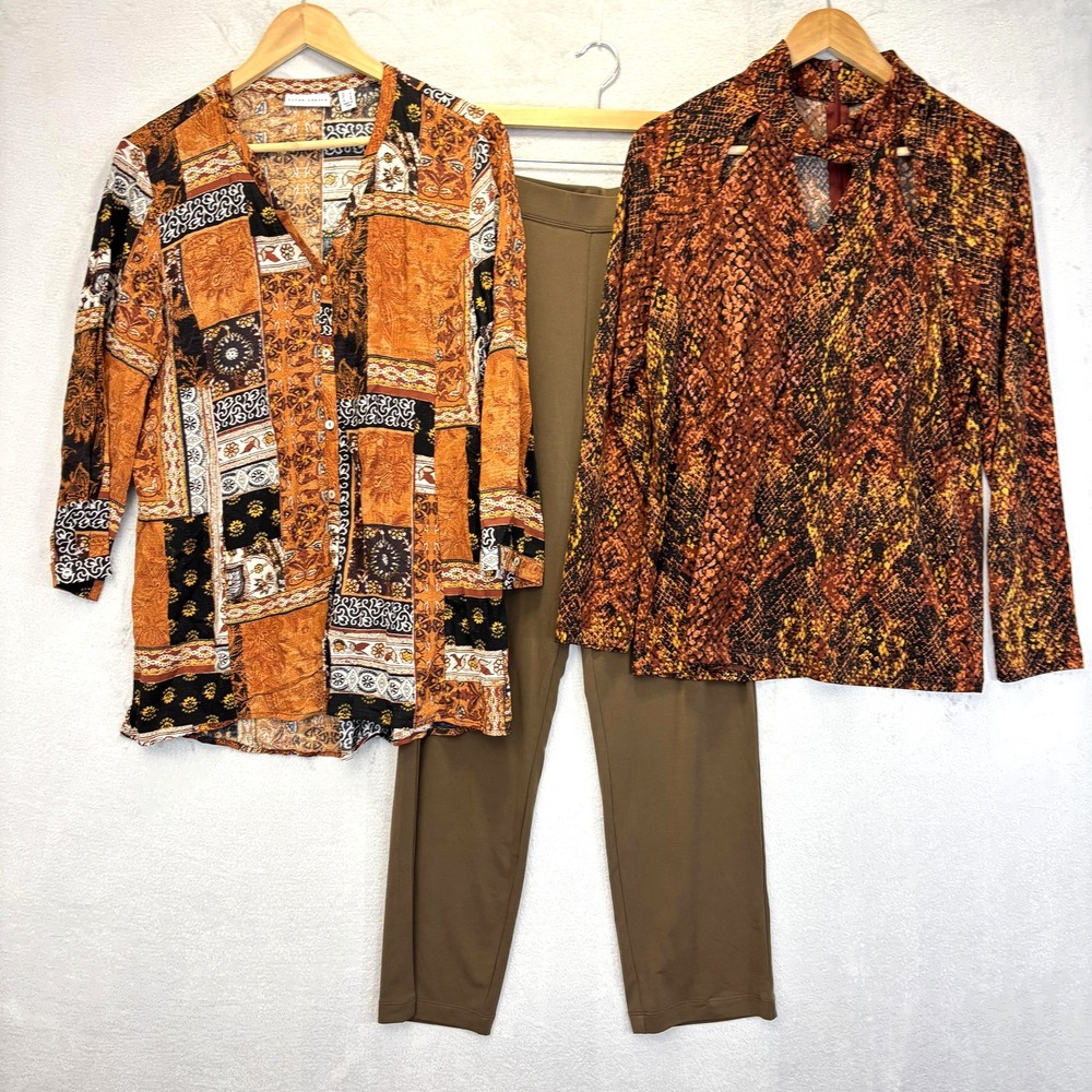 Lot Of 3 Susan Graver Tops Pants‎ Womens Small S Brown Patchwork Animal Print